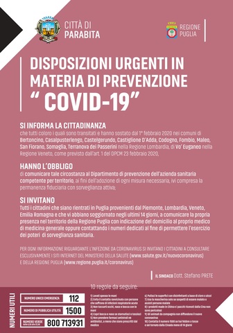 Disposizioni Urgenti in Materia di Coronavirus - Ordinanza Regione Puglia